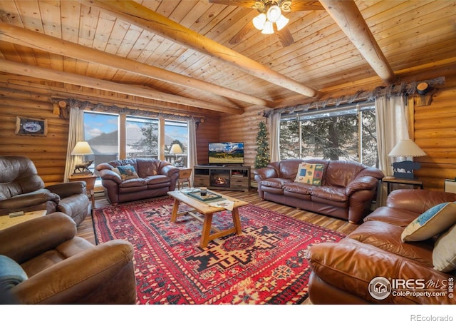 1810 N Ridge Ln, Estes Park, CO 80517 - living room with rustic walls, beamed ceiling, wood ceiling, hardwood / wood-style floors, and a ceiling fan