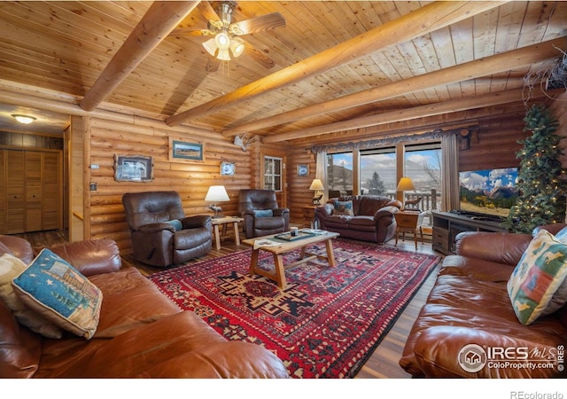 1810 N Ridge Ln, Estes Park, CO 80517 - living area featuring wood ceiling, beamed ceiling, rustic walls, a ceiling fan, and wood finished floors