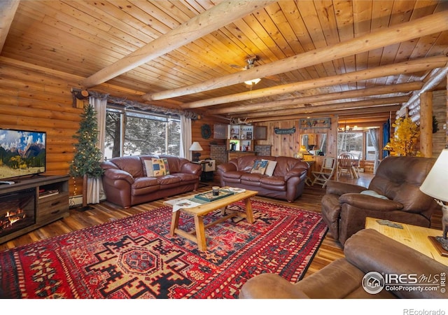 1810 N Ridge Ln, Estes Park, CO 80517 - living room with rustic walls, hardwood / wood-style floors, wooden ceiling, and beamed ceiling
