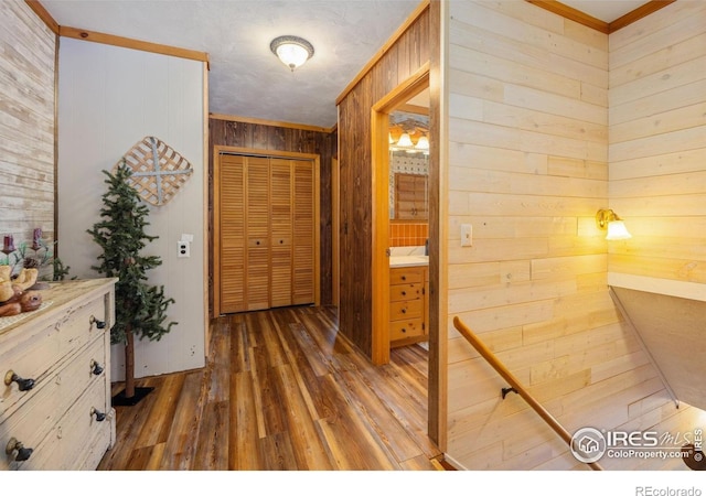 1810 N Ridge Ln, Estes Park, CO 80517 - hallway featuring wood walls, wood finished floors, and ornamental molding