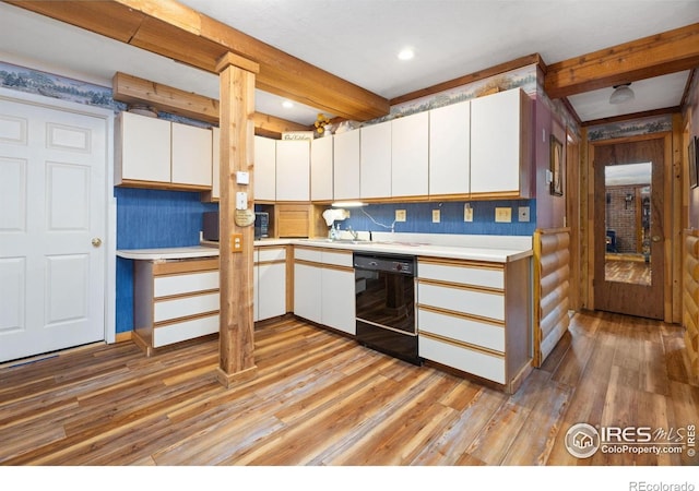1810 N Ridge Ln, Estes Park, CO 80517 - kitchen with dishwasher, light wood-type flooring, light countertops, white cabinets, and beamed ceiling