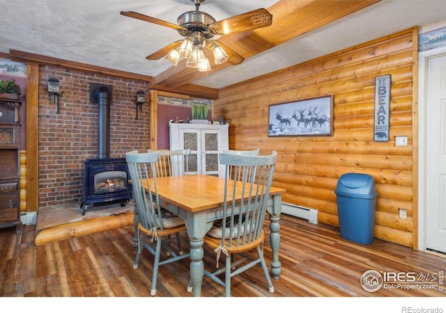 1810 N Ridge Ln, Estes Park, CO 80517 - dining area featuring a wood stove, ceiling fan, wood finished floors, baseboard heating, and rustic walls