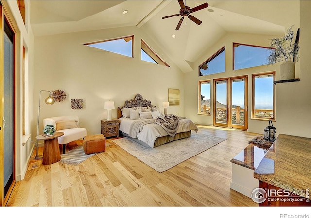 6553 Sunshine Canyon Dr, Boulder, CO 80302 - bedroom with access to exterior, wood finished floors, high vaulted ceiling, recessed lighting, and a ceiling fan