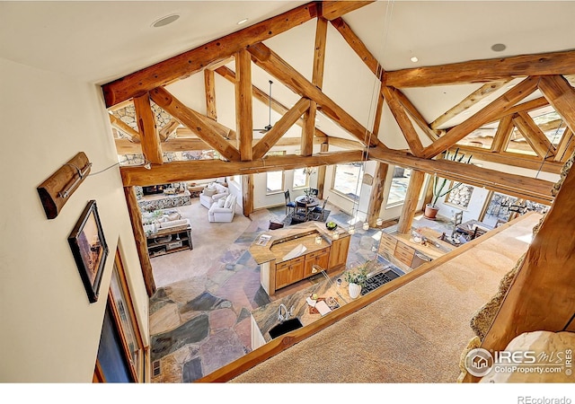6553 Sunshine Canyon Dr, Boulder, CO 80302 - living room featuring high vaulted ceiling and recessed lighting
