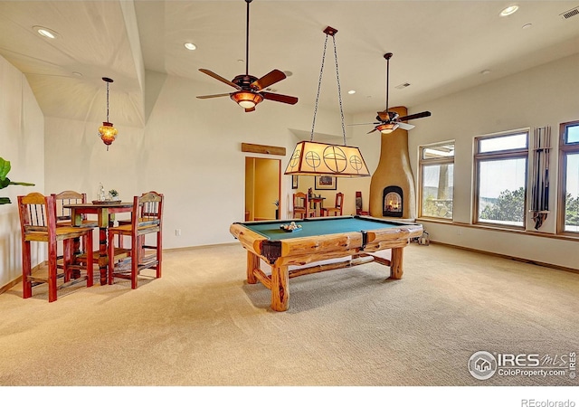 6553 Sunshine Canyon Dr, Boulder, CO 80302 - playroom with carpet flooring, a ceiling fan, baseboards, recessed lighting, and billiards table