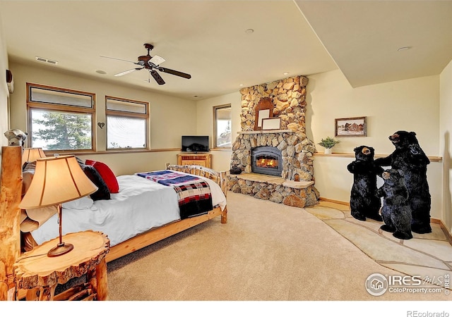 6553 Sunshine Canyon Dr, Boulder, CO 80302 - bedroom with carpet flooring, multiple windows, a fireplace, and baseboards