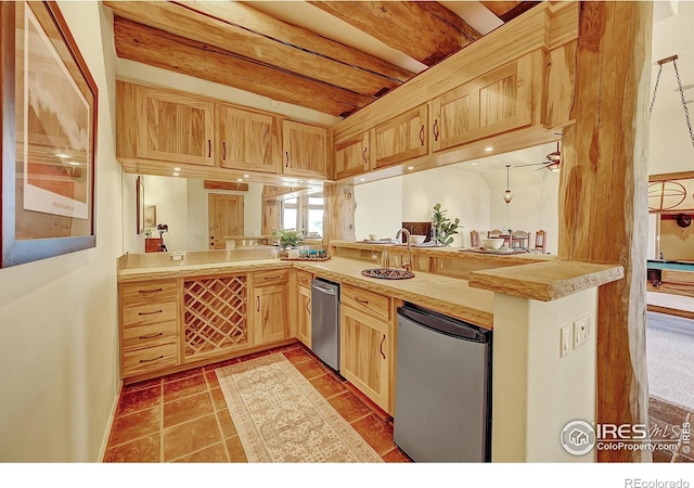 6553 Sunshine Canyon Dr, Boulder, CO 80302 - kitchen with light brown cabinetry, fridge, a sink, stainless steel dishwasher, and light countertops