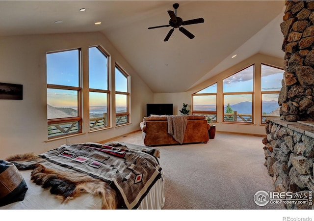6553 Sunshine Canyon Dr, Boulder, CO 80302 - carpeted bedroom with lofted ceiling, recessed lighting, baseboards, a ceiling fan, and a fireplace
