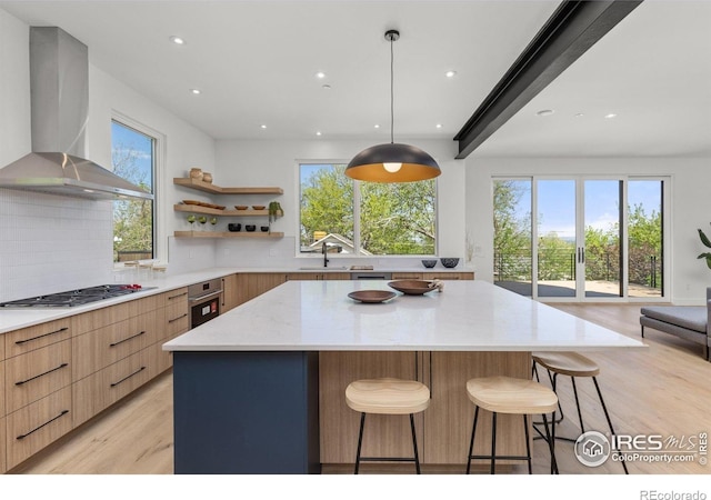 2814 3rd St, Boulder, CO 80304 - kitchen with wall chimney range hood, modern cabinets, stainless steel appliances, light wood-type flooring, and tasteful backsplash