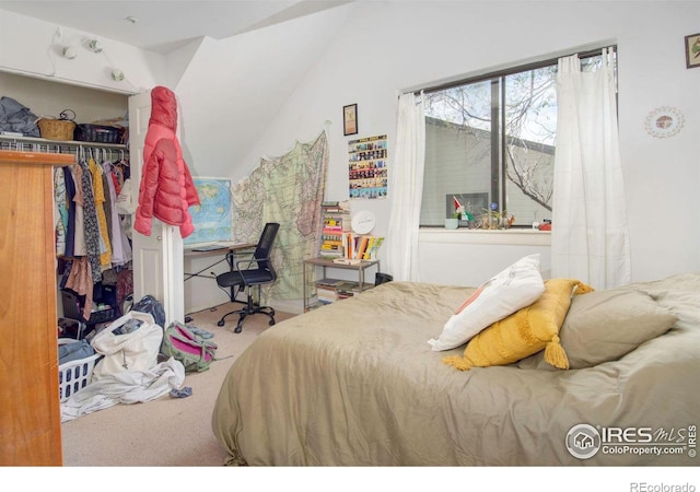carpeted bedroom with vaulted ceiling