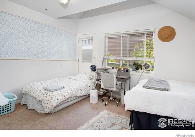 bedroom with carpet floors and lofted ceiling