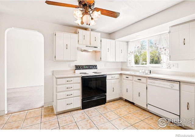 kitchen with dishwasher, range with electric stovetop, under cabinet range hood, ceiling fan, and light countertops