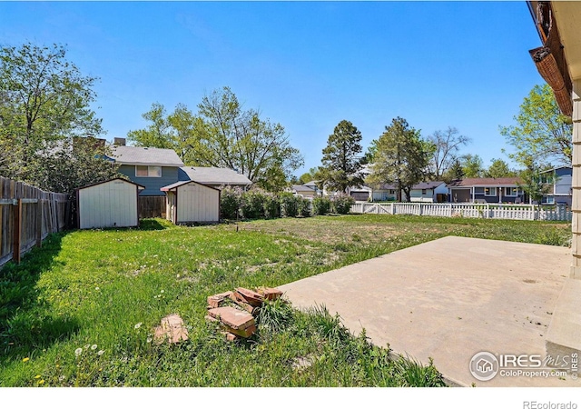 view of yard featuring a storage shed, a patio area, and an outbuilding