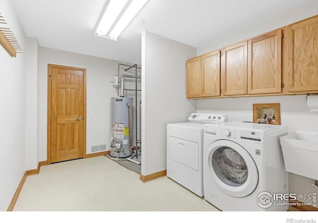272 Solomon Dr, Estes Park, CO 80517 - laundry room with water heater, separate washer and dryer, cabinet space, carpet, and baseboards