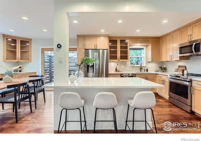 2550 Woodstock Pl, Boulder, CO 80305 - kitchen with appliances with stainless steel finishes, a kitchen bar, wood finished floors, recessed lighting, and light countertops