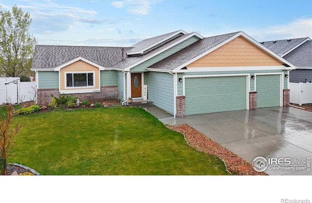 ranch-style home featuring a garage, brick siding, concrete driveway, and a shingled roof