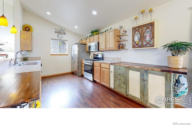 kitchen featuring appliances with stainless steel finishes, a sink, vaulted ceiling, dark wood-style floors, and recessed lighting