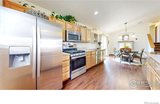 kitchen with stainless steel appliances, light brown cabinetry, lofted ceiling, dark wood-type flooring, and light countertops