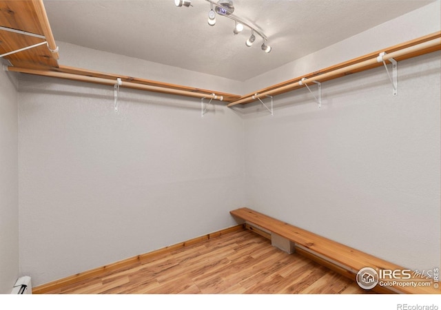 spacious closet featuring baseboard heating and light wood-type flooring