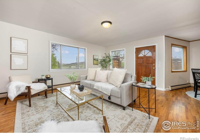 living area featuring a baseboard radiator, wood finished floors, and baseboards