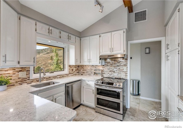 6300 Feldspar Ct, Bellvue, CO 80512 - kitchen featuring stainless steel appliances, lofted ceiling, under cabinet range hood, white cabinetry, and decorative backsplash