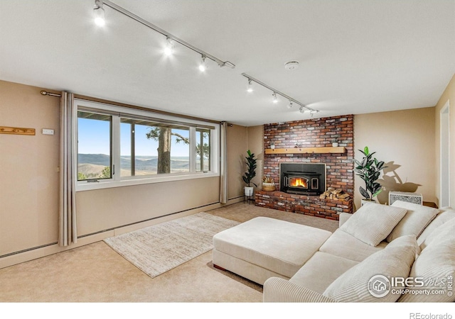 6300 Feldspar Ct, Bellvue, CO 80512 - carpeted living area featuring rail lighting and a brick fireplace