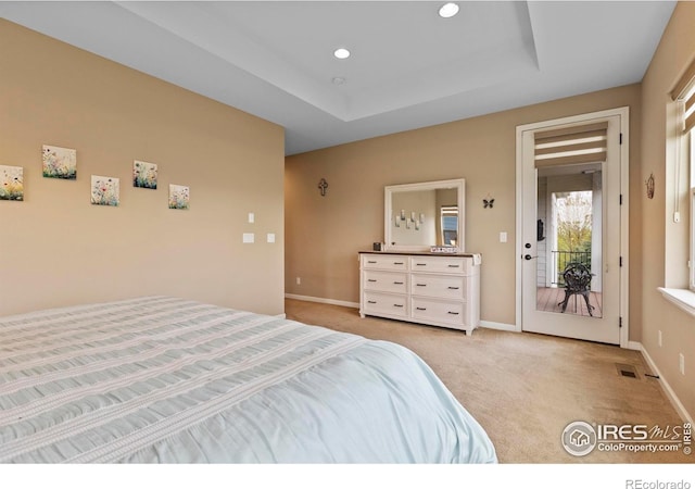 carpeted bedroom featuring recessed lighting, access to outside, baseboards, and a raised ceiling