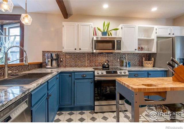 2645 5th St, Boulder, CO 80304 - kitchen featuring stainless steel appliances, blue cabinetry, a sink, open shelves, and white cabinets