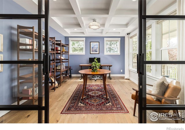 office featuring baseboards, wood finished floors, beam ceiling, and coffered ceiling