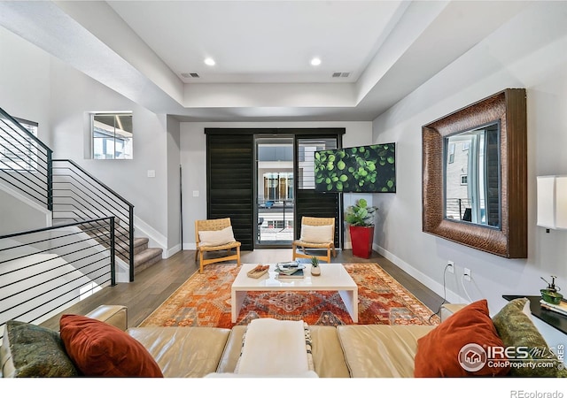7861 W 51st Ave, Arvada, CO 80002 - living room with stairs, wood finished floors, and recessed lighting