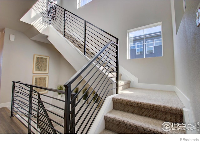7861 W 51st Ave, Arvada, CO 80002 - stairway with healthy amount of natural light, wood finished floors, and a towering ceiling