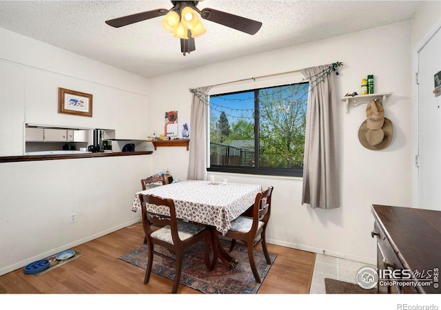 dining room featuring wood finished floors, a textured ceiling, a ceiling fan, and baseboards