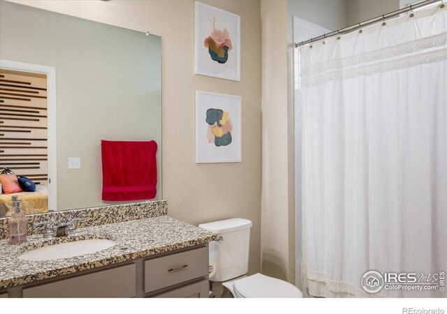 full bathroom with vanity, toilet, and curtained shower
