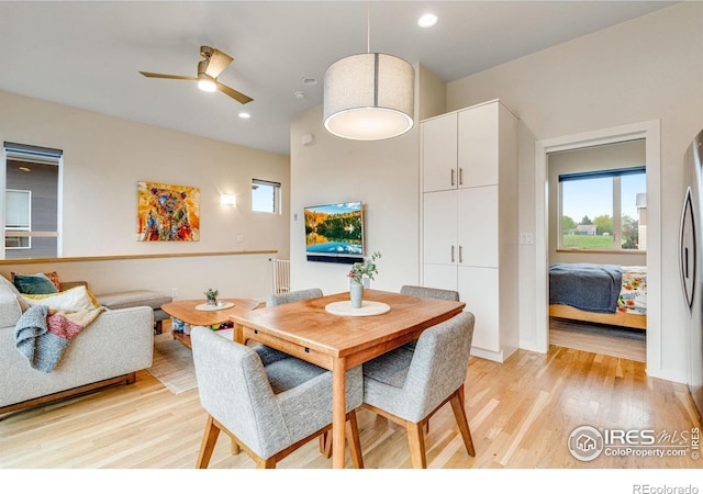 725 Amelia Ln, Lafayette, CO 80026 - dining area featuring light wood-type flooring, healthy amount of natural light, recessed lighting, and ceiling fan