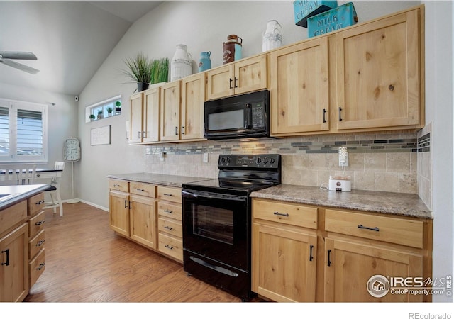 1318 Chamois Dr, Severance, CO 80550 - kitchen with light brown cabinets, black appliances, vaulted ceiling, decorative backsplash, and light wood-style flooring