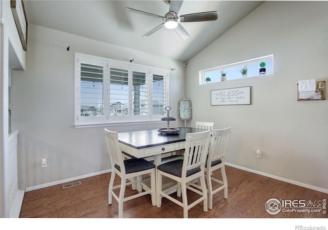 1318 Chamois Dr, Severance, CO 80550 - dining space with wood finished floors, a ceiling fan, lofted ceiling, and baseboards