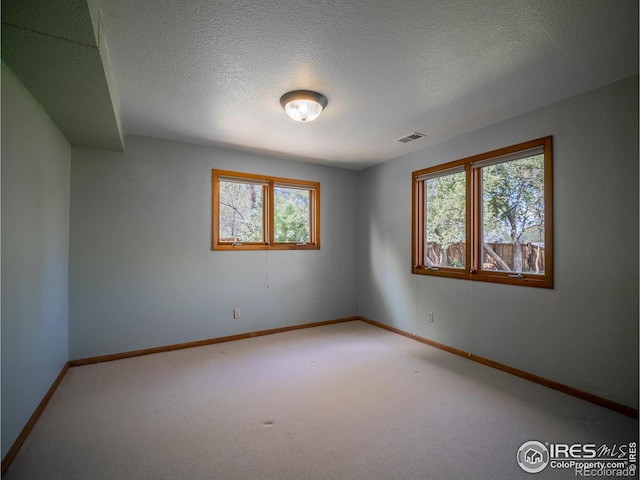 empty room featuring plenty of natural light, carpet, baseboards, and a textured ceiling