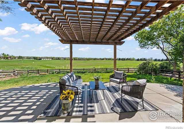 2458 Vale Way, Erie, CO 80516 - view of patio / terrace featuring a pergola, an outdoor living space, fence, and golf course view