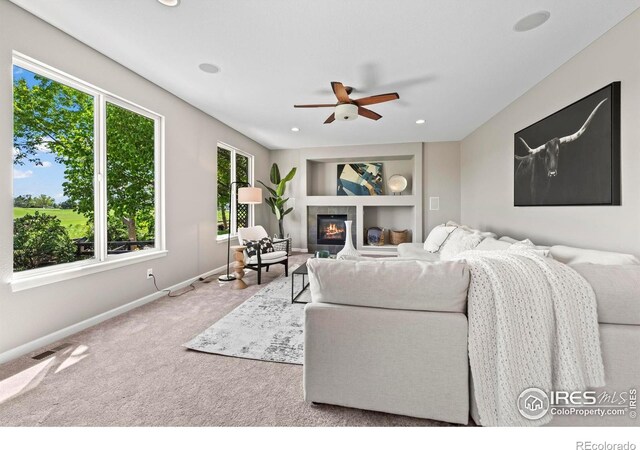 2458 Vale Way, Erie, CO 80516 - living room with a ceiling fan, plenty of natural light, carpet, baseboards, and recessed lighting