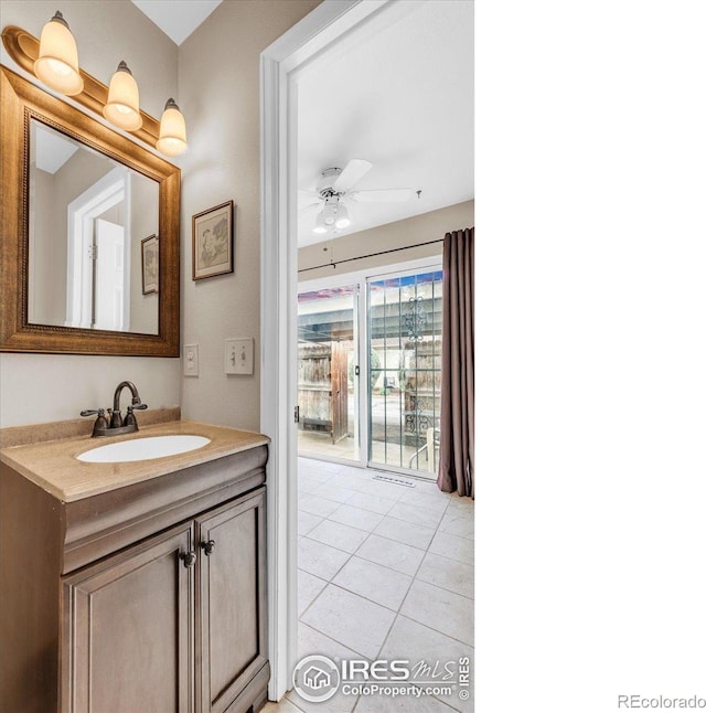 bathroom featuring vanity, ceiling fan, and tile patterned floors