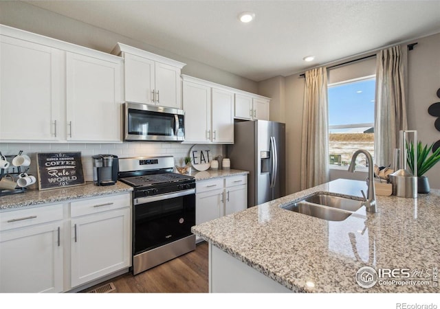 kitchen featuring stainless steel appliances, a sink, white cabinetry, decorative backsplash, and recessed lighting