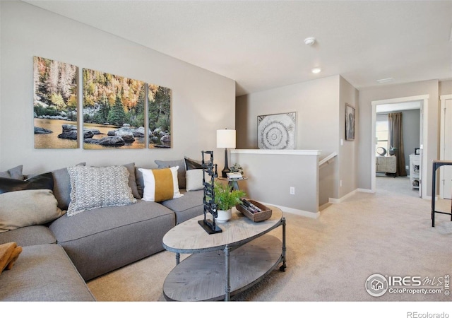 living area featuring carpet flooring and baseboards