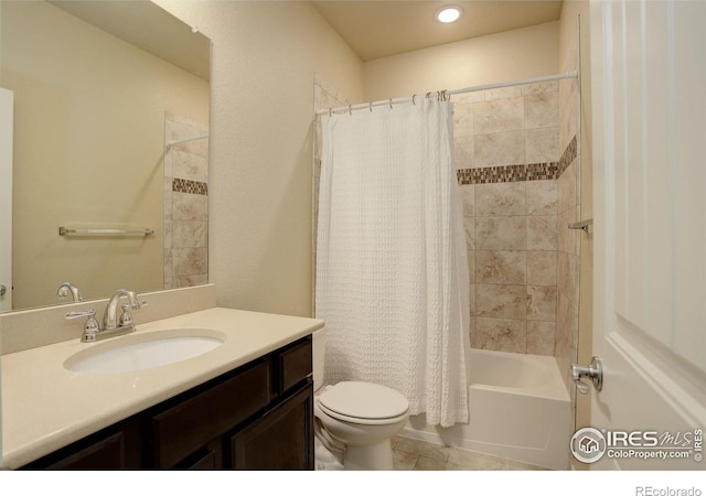 3051 County Fair Ln Unit 2, Fort Collins, CO 80528 - bathroom featuring toilet, vanity, shower / bath combination with curtain, recessed lighting, and tile patterned floors