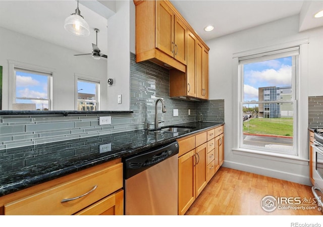 401 Mason Ct Unit 203, Fort Collins, CO 80524 - kitchen featuring stainless steel appliances, a sink, tasteful backsplash, a ceiling fan, and recessed lighting