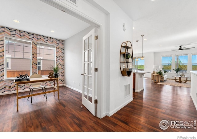 office featuring baseboards, dark wood-type flooring, a ceiling fan, and recessed lighting