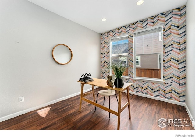 office featuring baseboards, recessed lighting, and wood finished floors