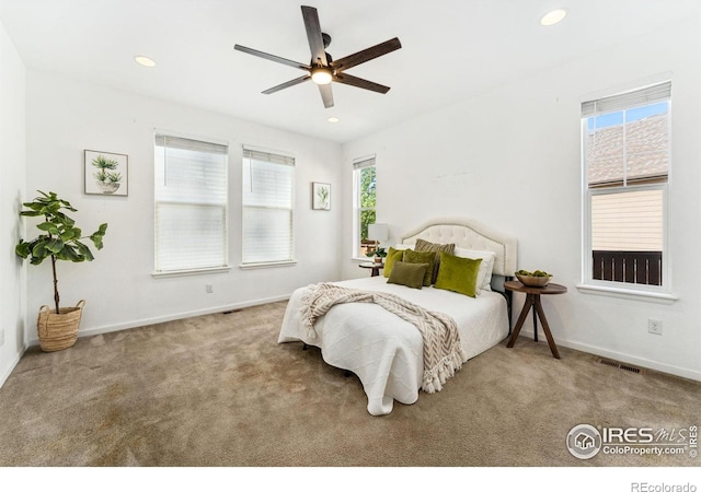 bedroom with carpet flooring, baseboards, recessed lighting, and ceiling fan