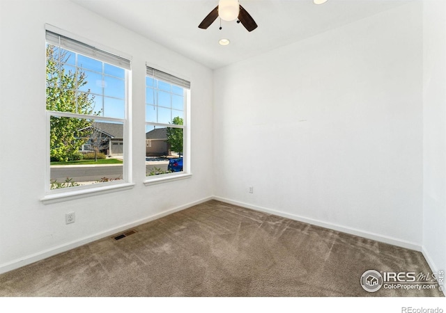 unfurnished room featuring carpet flooring, baseboards, ceiling fan, and recessed lighting
