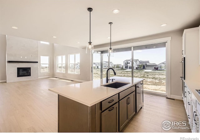 1679 Crystalline Dr, Windsor, CO 80550 - kitchen with a sink, light wood finished floors, light countertops, a kitchen island with sink, and white cabinetry