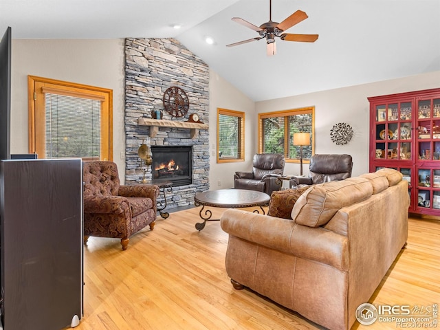 658 Cedar Ridge Cir, Estes Park, CO 80517 - living area featuring a ceiling fan, wood finished floors, a fireplace, and lofted ceiling